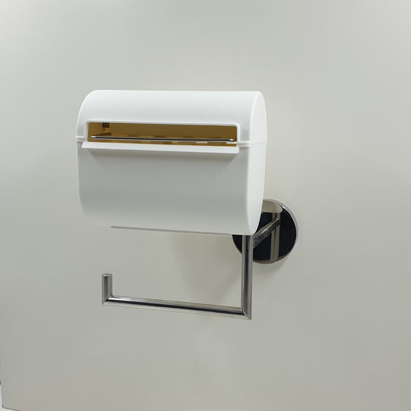 "bideo weiß", Toilettenpapierhalter mit Befeuchtungsfunktion, hier handelt es sich um einen kleinen Bestand des ersten Original bideo mit einem Halter aus massivem Edelstahl, hergestellt in Deutschland