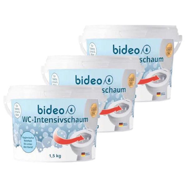 bideo® WC Reiniger-Intensivschaum (3 x 1,5 kg) für intensive WC Reinigung bis unter den Rand - WC Reiniger extra stark, löst Kalkablagerungen und Urinstein auf Sauerstoffbasis