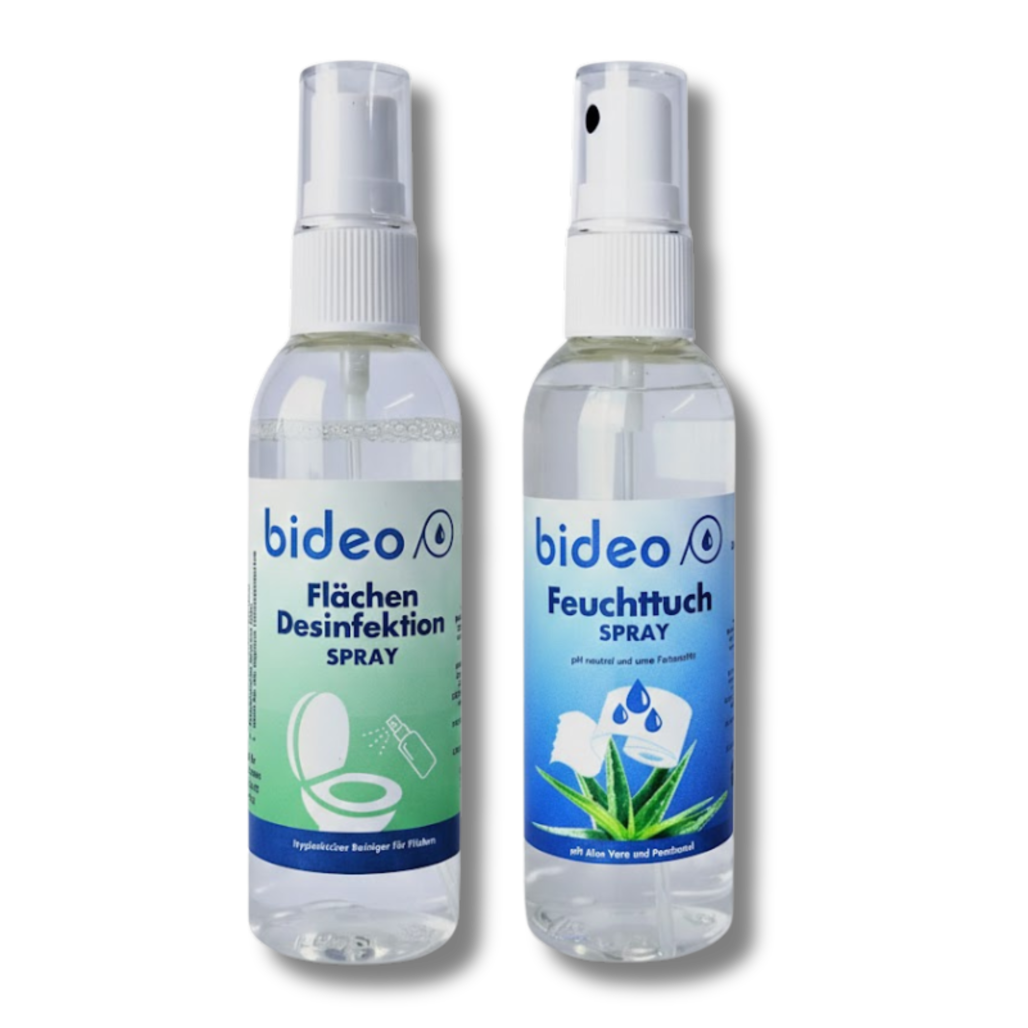 Eine Flasche Feuchttuchspray und eine Flasche Flächendesinfektion