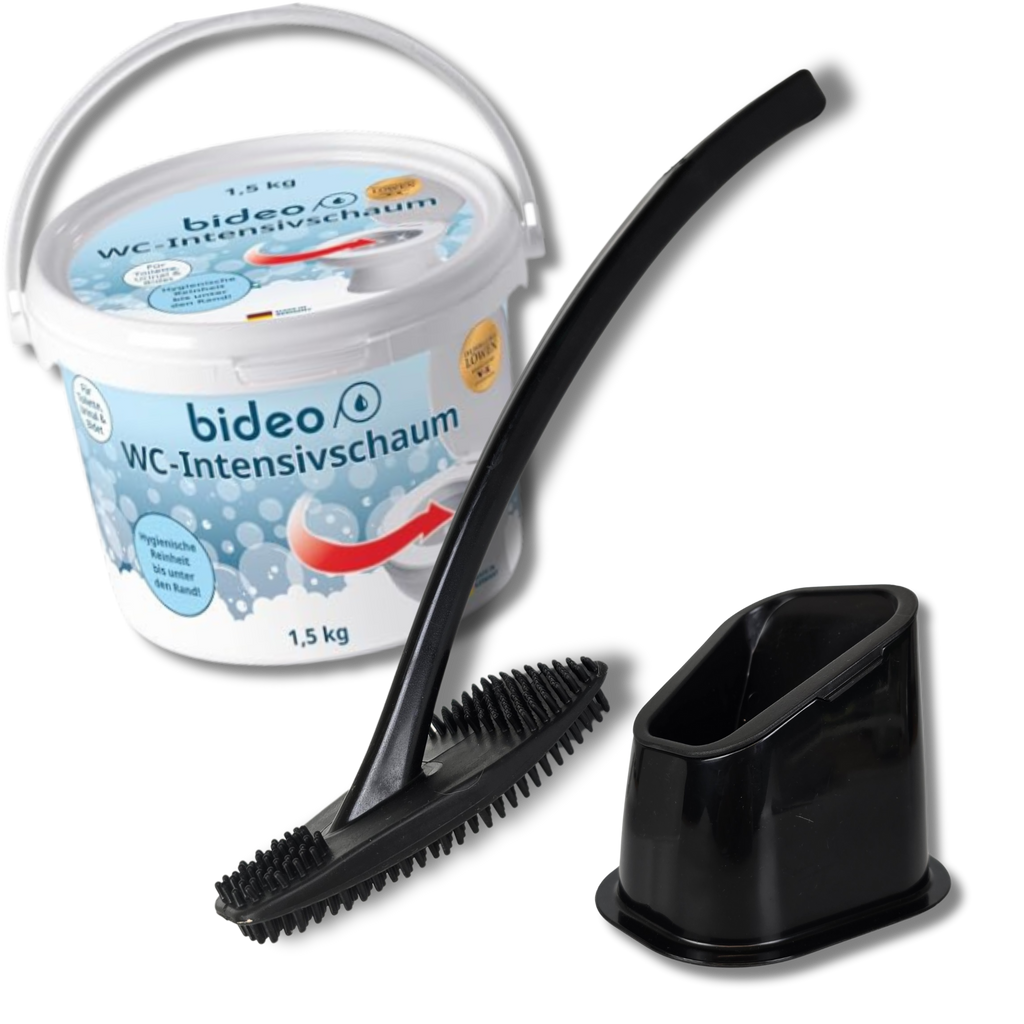 Eimer WC-Schaum und eine Silikonbürste schwarz
