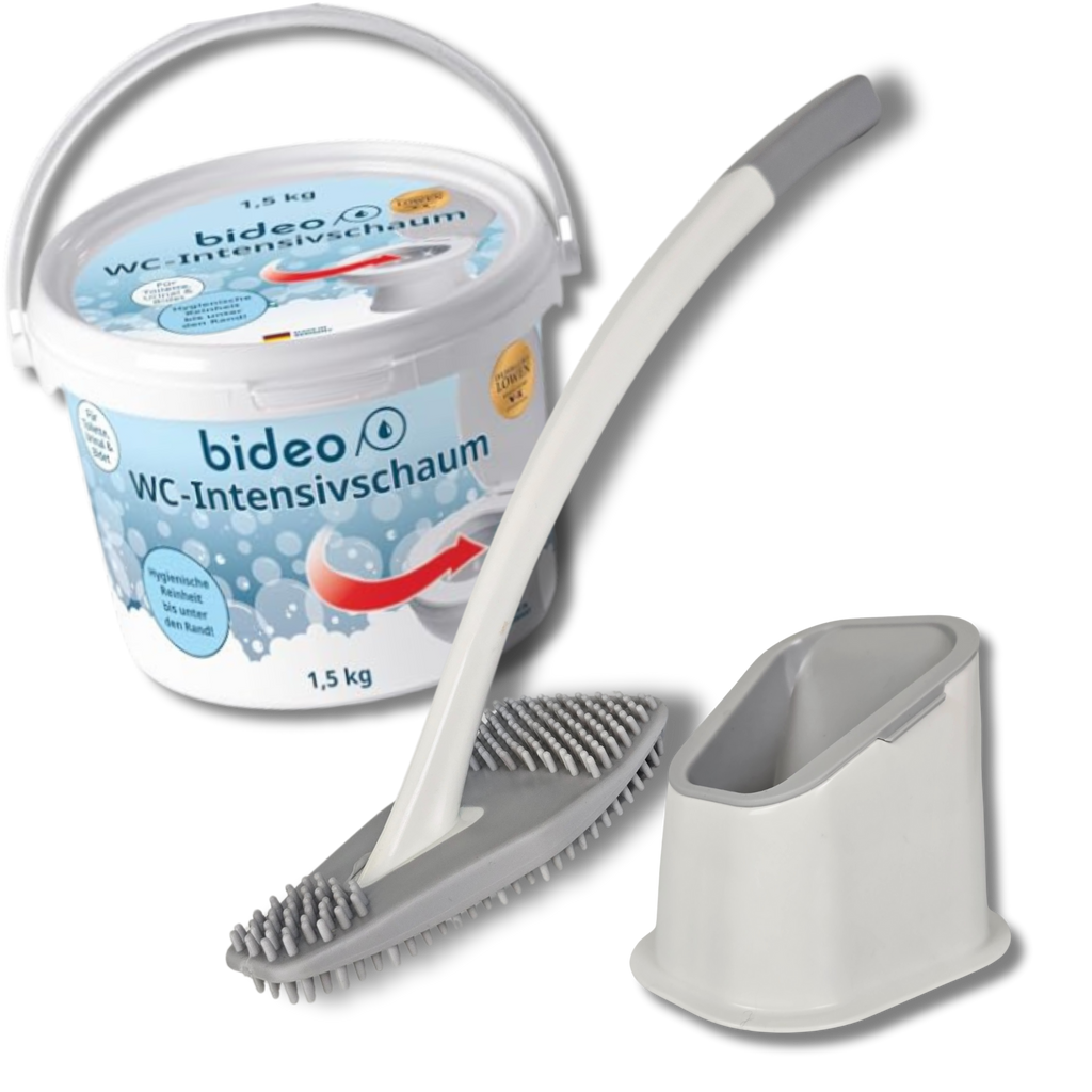 Eimer WC-Schaum und eine Silikonbürste weiß