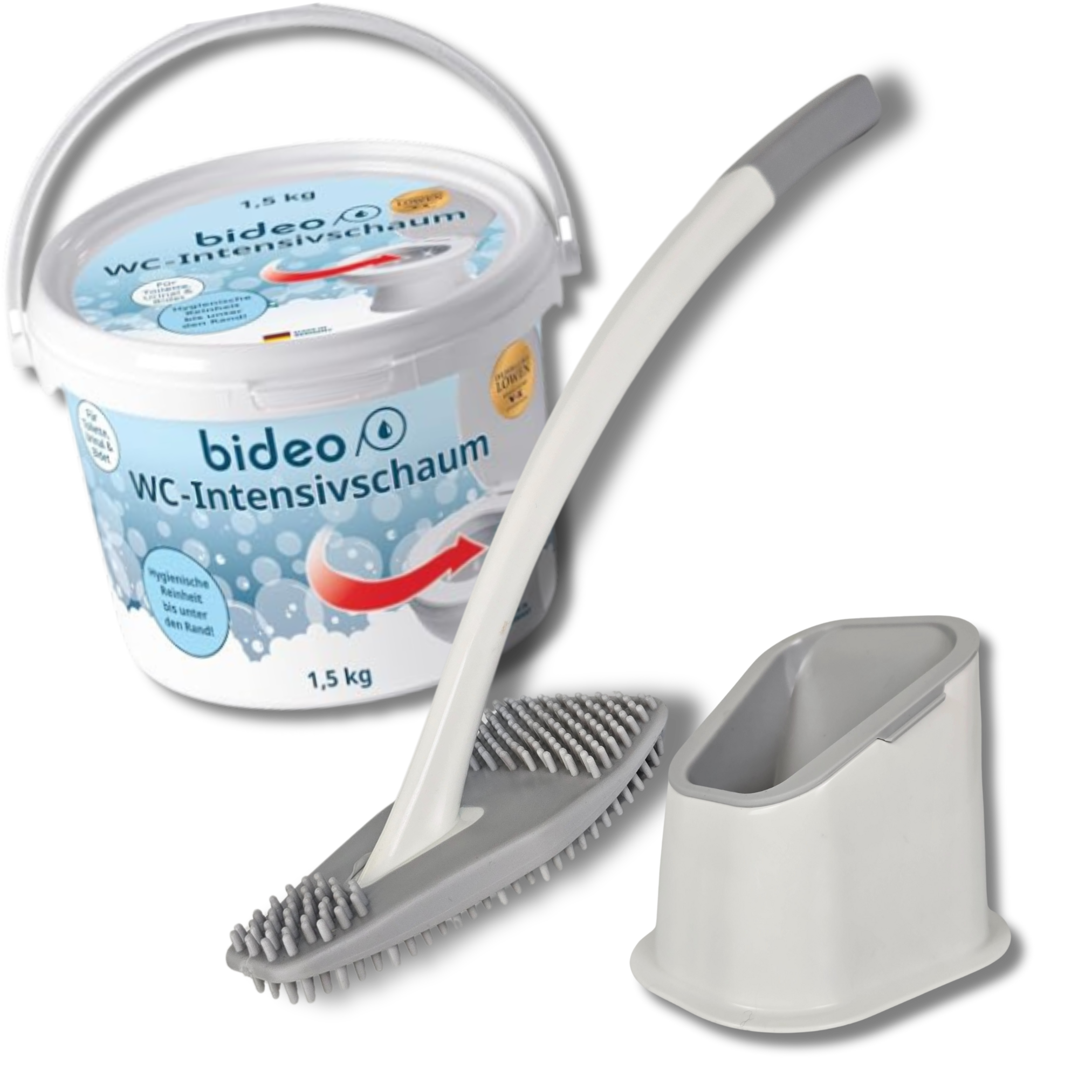 Eimer WC-Schaum und eine Silikonbürste weiß