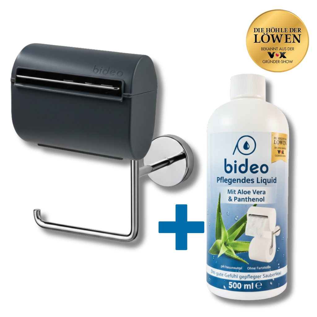 Toilettenpapierhalter schwarz und eine Flasche Pflege-Liquid 500ml