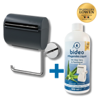 Toilettenpapierhalter schwarz und eine Flasche Pflege-Liquid 500ml