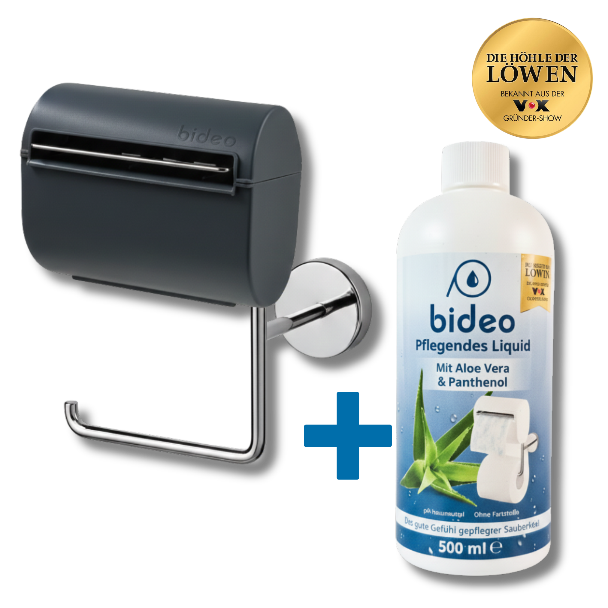 Toilettenpapierhalter schwarz und eine Flasche Pflege-Liquid 500ml