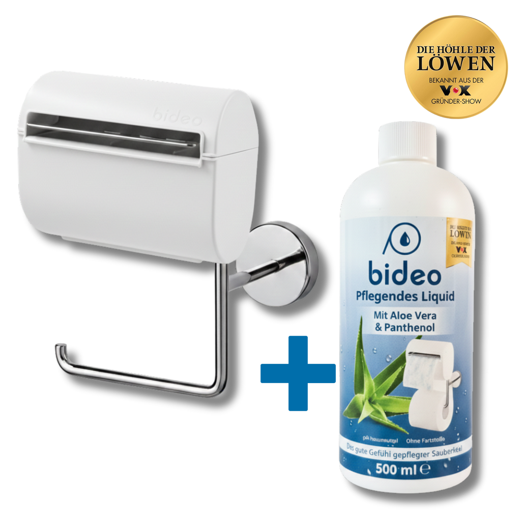 Toilettenpapierhalter weiß und eine Flasche Pflege-Liquid 500ml