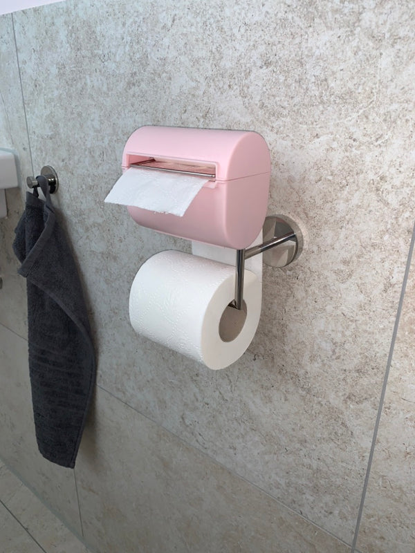 "bideo rosa", Toilettenpapierhalter mit Befeuchtungsfunktion, hier handelt es sich um einen kleinen Bestand des ersten Original bideo aus massivem Edelstahl, hergestellt in Deutschland